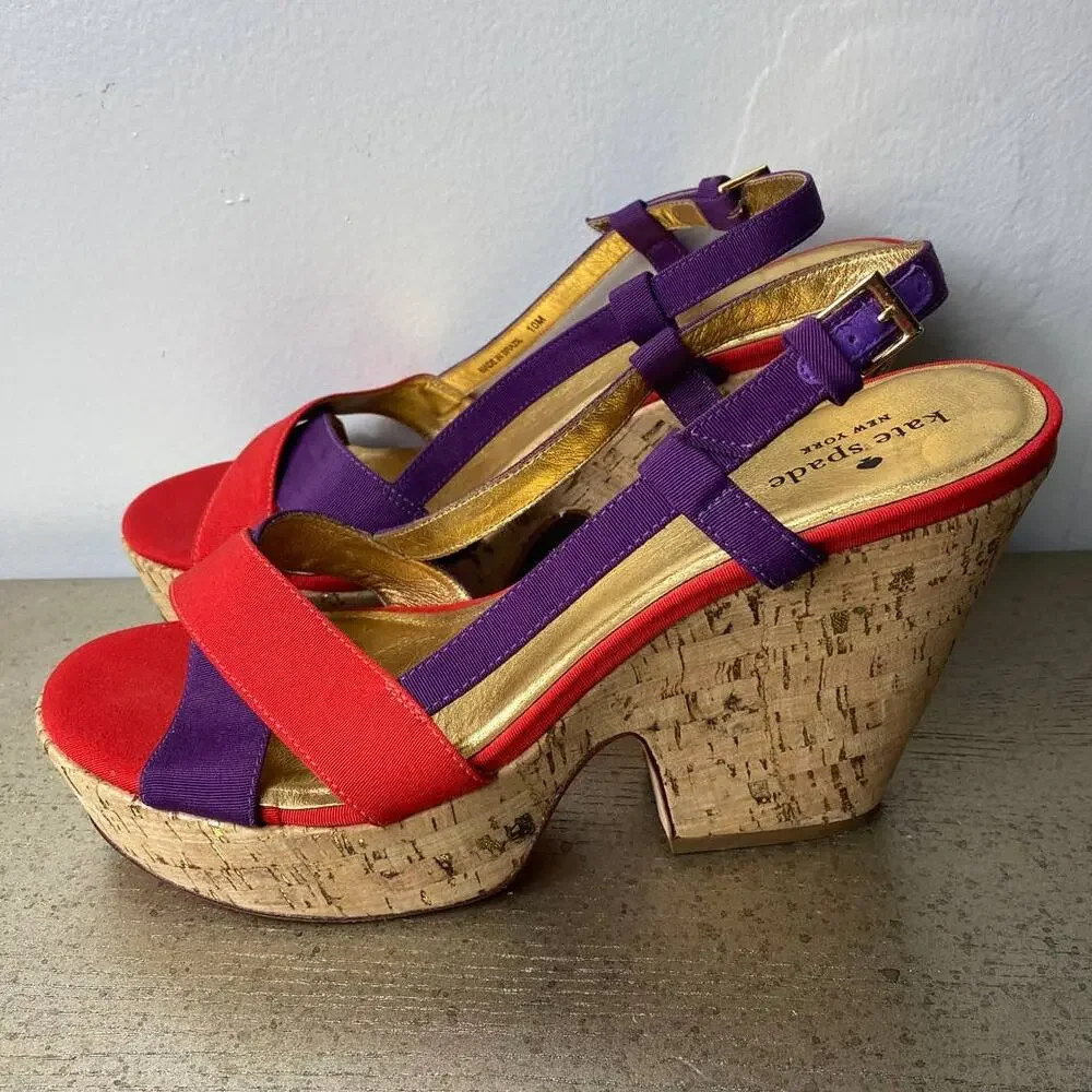 KATE SPADE SANDALS 10 PENNY PLATFORM CHUNKY CORK WEDGE HEELS STRAPPY RED PURPLE